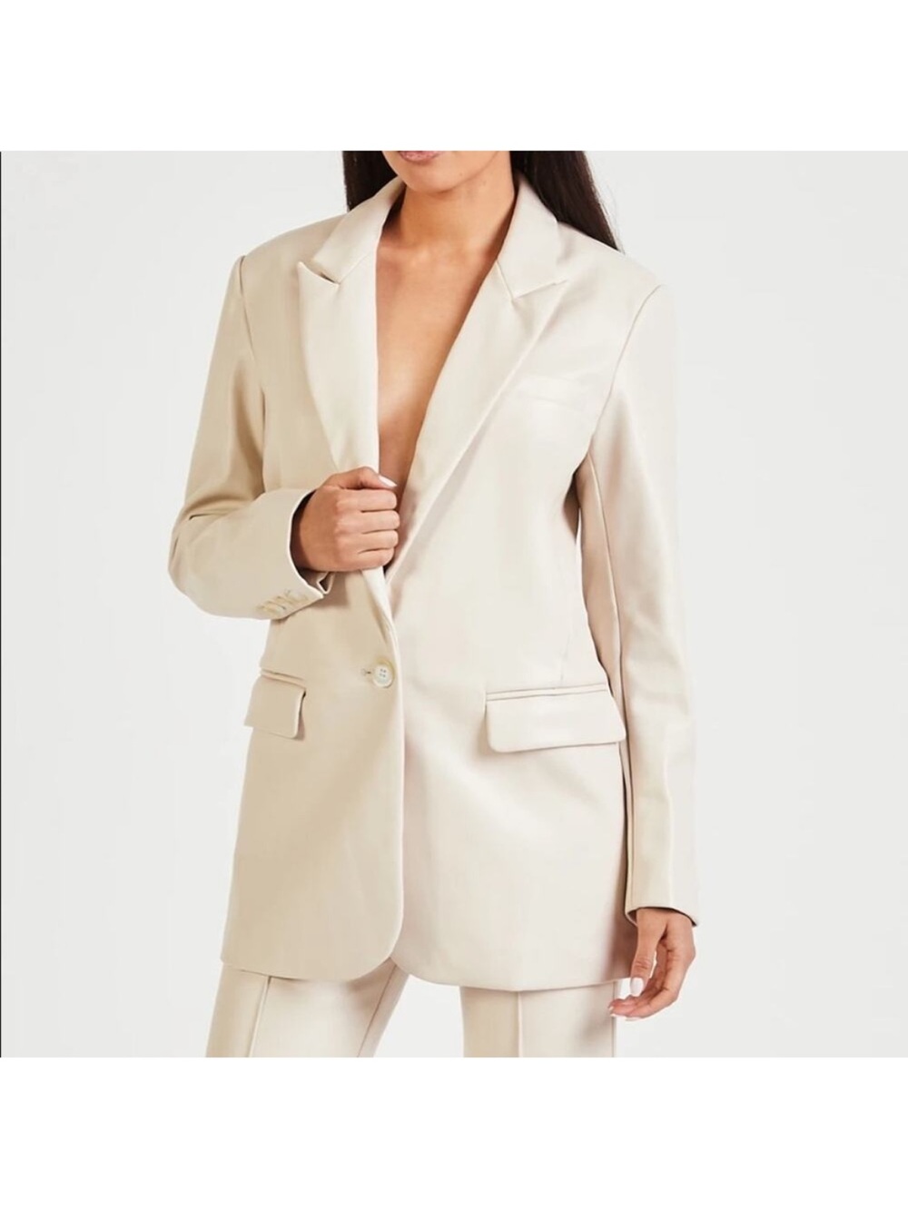 Women's Cream Faux Leather Blazer Jacket
